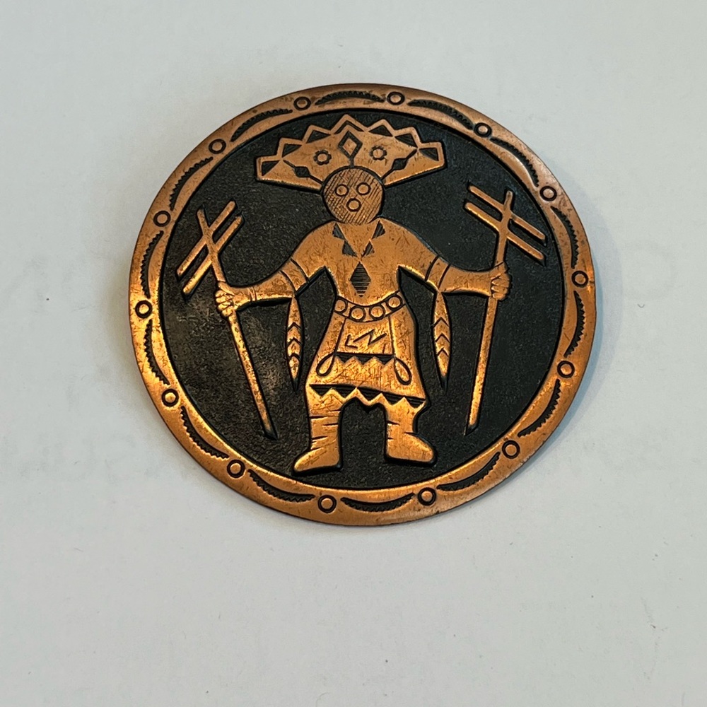 Antique Vintage copper brooch - Warrior Kachina Native American